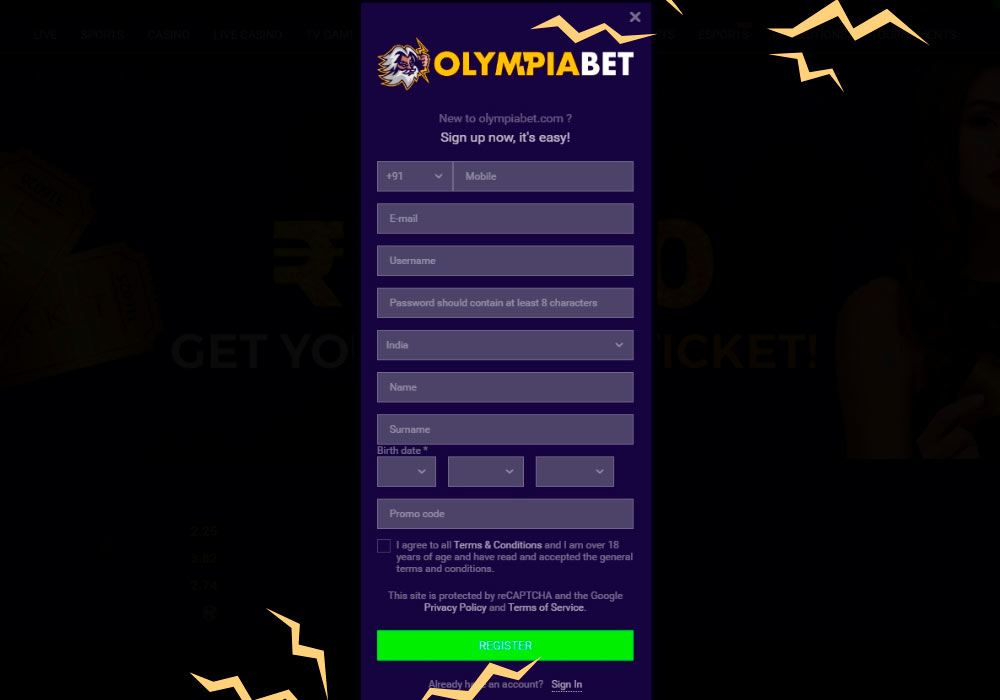 To register at Olympiabet Fill in all the fields